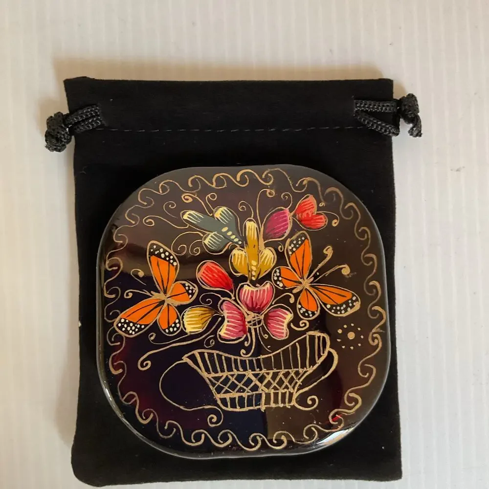 Hand-Painted Mexican Compact Mirror Monarch Butterfly Michoacán Gold Foil Art